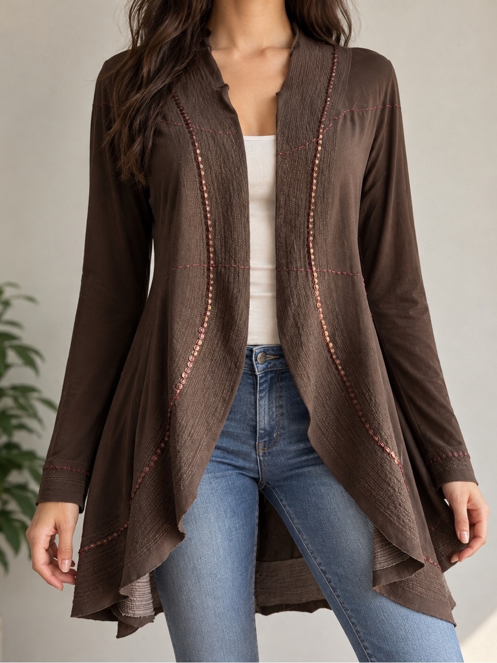 A Common Thread Silk Panel Brown Asymmetrical Cardigan S